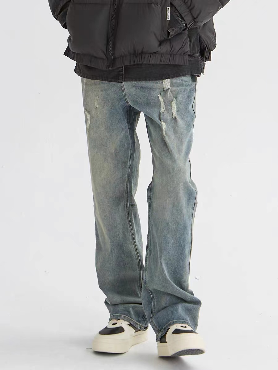 Light Blue Vintage Distressed Straight-Leg Jeans with Holes â€“ Retro American High Street Style, Trendy Y2K Long Pants