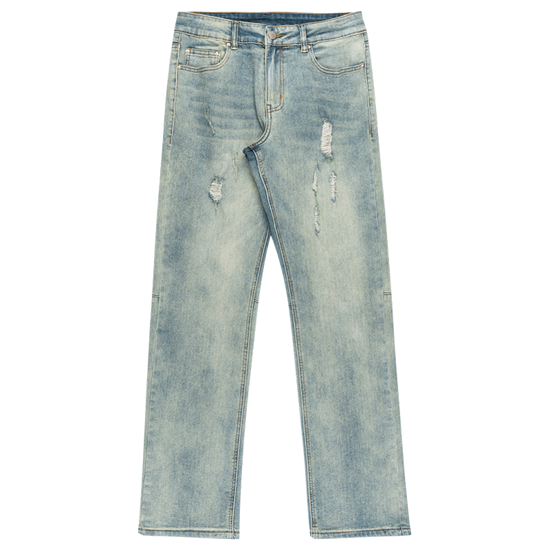 Light Blue Vintage Distressed Straight-Leg Jeans with Holes â€“ Retro American High Street Style, Trendy Y2K Long Pants
