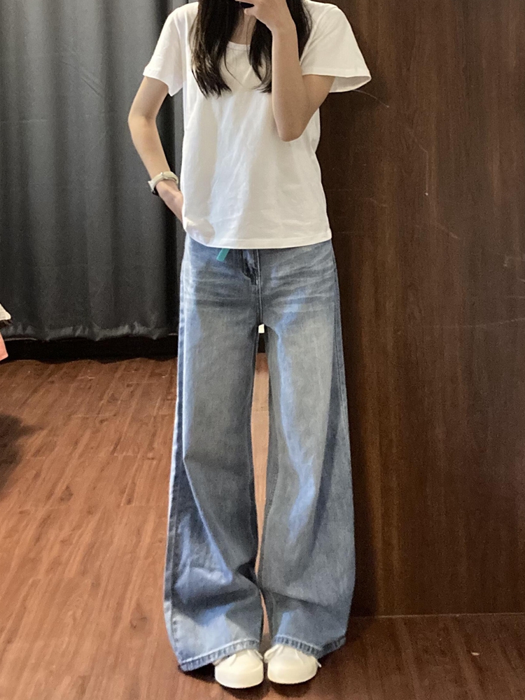 Light Blue Vintage Wide-Leg Jeans for Women - High-Waisted Loose Fit Summer Pants, Slimming Straight-Leg Design, Effortless Style