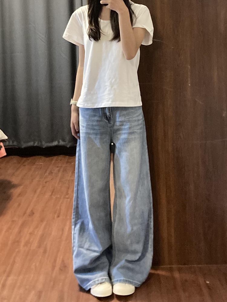 Light Blue Vintage Wide-Leg Jeans for Women - High-Waisted Loose Fit Summer Pants, Slimming Straight-Leg Design, Effortless Style