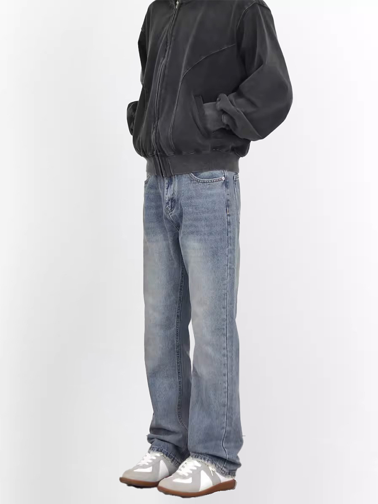 Light Blue Washed Straight Leg Jeans for Men, Vintage Style Slimming High-Length Denim Pants