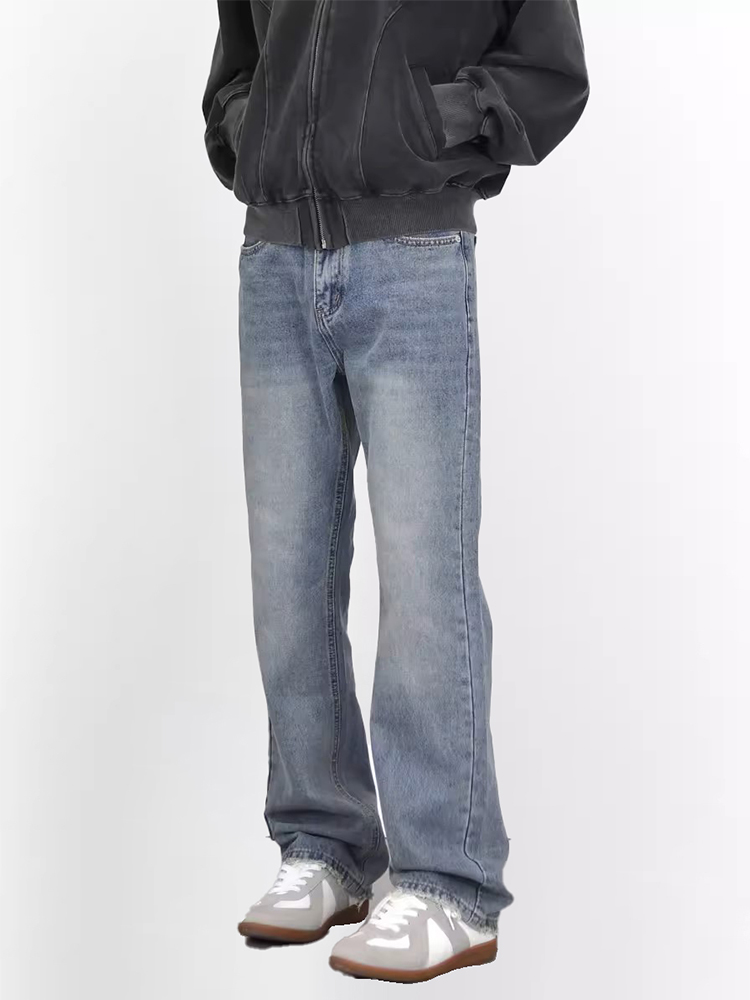 Light Blue Washed Straight Leg Jeans for Men, Vintage Style Slimming High-Length Denim Pants Light Blue Washed Straight Leg Jeans for Men, Vintage Style Slimming High-Length Denim Pants