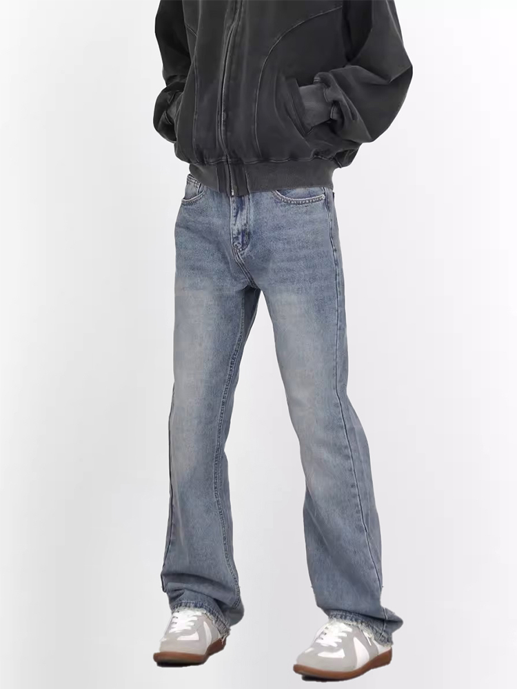 Light Blue Washed Straight Leg Jeans for Men, Vintage Style Slimming High-Length Denim Pants Light Blue Washed Straight Leg Jeans for Men, Vintage Style Slimming High-Length Denim Pants