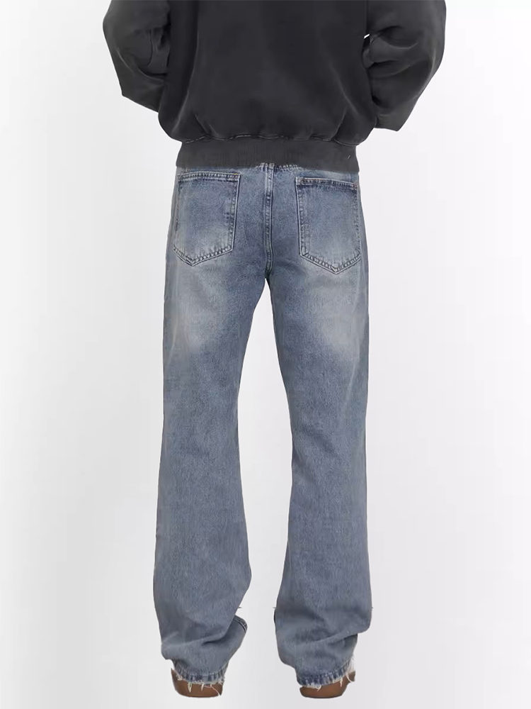 Light Blue Washed Straight Leg Jeans for Men, Vintage Style Slimming High-Length Denim Pants Light Blue Washed Straight Leg Jeans for Men, Vintage Style Slimming High-Length Denim Pants