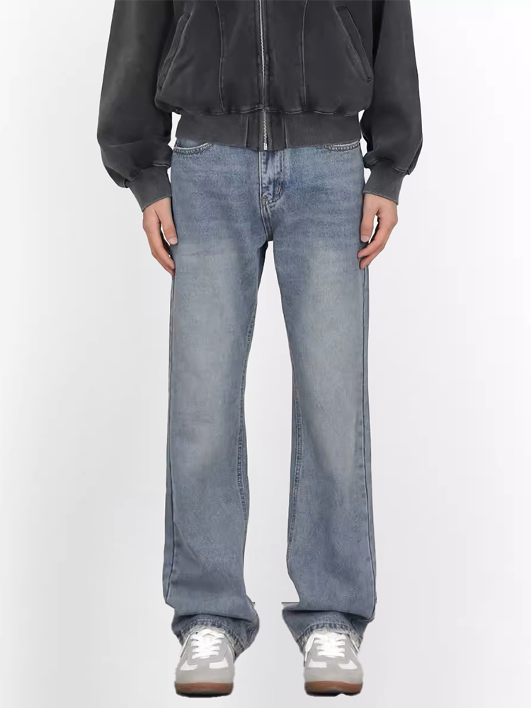 Light Blue Washed Straight Leg Jeans for Men, Vintage Style Slimming High-Length Denim Pants Light Blue Washed Straight Leg Jeans for Men, Vintage Style Slimming High-Length Denim Pants