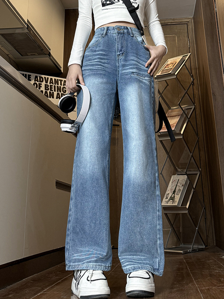 Light Blue Wide-Leg Jeans for Women - High-Waisted, Casual, Slimming, Versatile Floor-Length Pants - American Style Light Blue Wide-Leg Jeans for Women - High-Waisted, Casual, Slimming, Versatile Floor-Length Pants - American Style