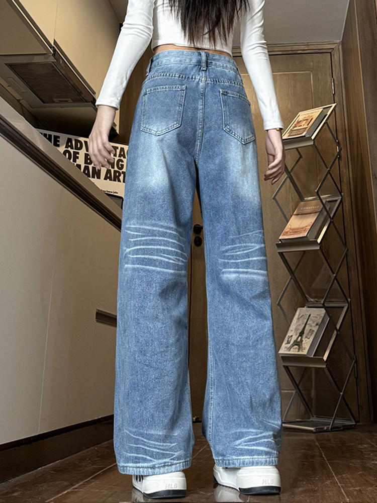 Light Blue Wide-Leg Jeans for Women - High-Waisted, Casual, Slimming, Versatile Floor-Length Pants - American Style Light Blue Wide-Leg Jeans for Women - High-Waisted, Casual, Slimming, Versatile Floor-Length Pants - American Style