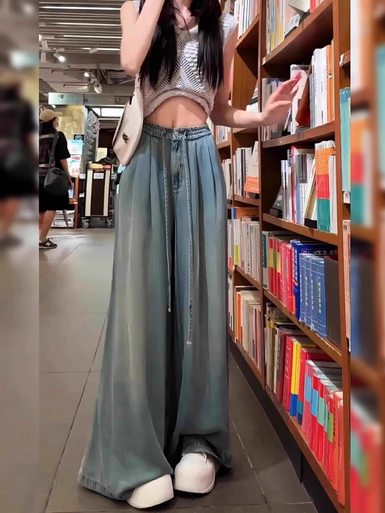 Light-Colored Tencel Wide-Leg Jeans for Women, High-Waisted Loose Fit Summer Pants, Flared Floor-Length Ice Silk Drape Style Light-Colored Tencel Wide-Leg Jeans for Women, High-Waisted Loose Fit Summer Pants, Flared Floor-Length Ice Silk Drape Style