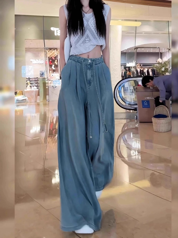 Light-Colored Tencel Wide-Leg Jeans for Women, High-Waisted Loose Fit Summer Pants, Flared Floor-Length Ice Silk Drape Style