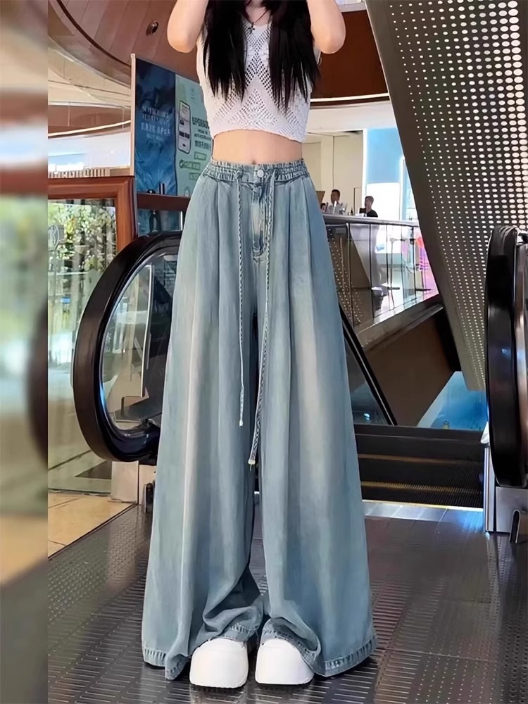 Light-Colored Tencel Wide-Leg Jeans for Women, High-Waisted Loose Fit Summer Pants, Flared Floor-Length Ice Silk Drape Style