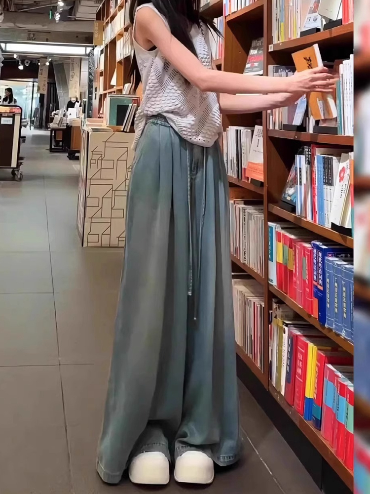 Light-Colored Tencel Wide-Leg Jeans for Women, High-Waisted Loose Fit Summer Pants, Flared Floor-Length Ice Silk Drape Style Light-Colored Tencel Wide-Leg Jeans for Women, High-Waisted Loose Fit Summer Pants, Flared Floor-Length Ice Silk Drape Style