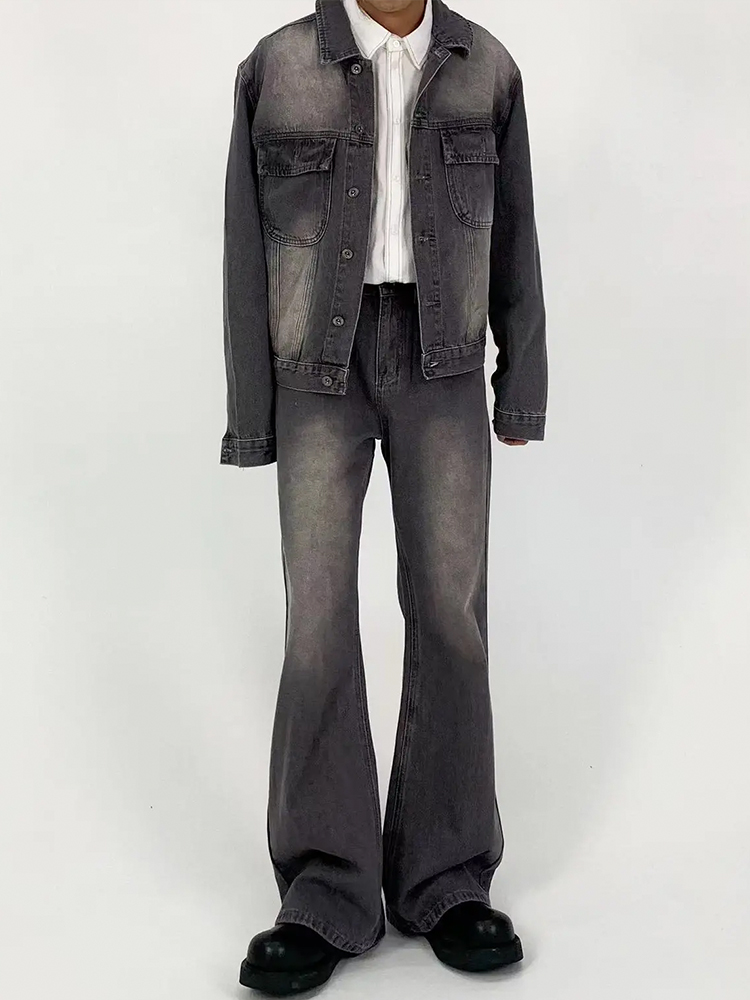 Light Gray Distressed Vintage Wash Denim Jacket for Men, Loose Casual Fit, Versatile Slight Flare, 90s Style