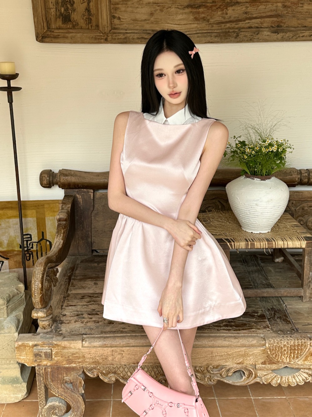 Light Pink Glossy Satin Sleeveless Shirt Dress for Women, Summer Waist-Cinching Faux Two-Piece A-Line Style, 90s Inspired Light Pink Glossy Satin Sleeveless Shirt Dress for Women, Summer Waist-Cinching Faux Two-Piece A-Line Style, 90s Inspired