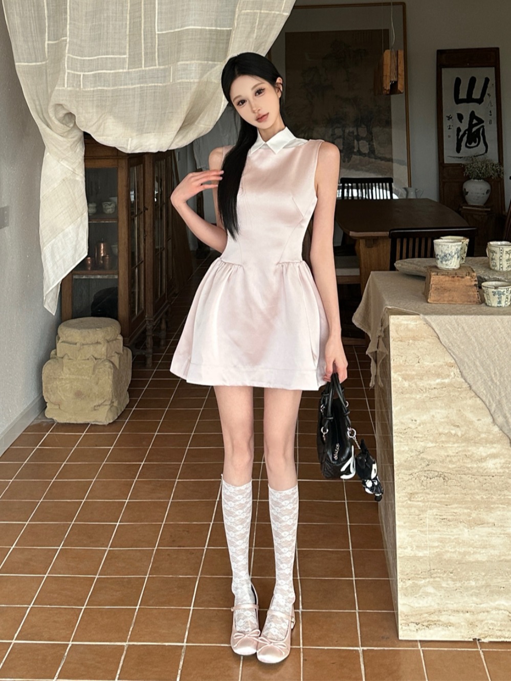 Light Pink Glossy Satin Sleeveless Shirt Dress for Women, Summer Waist-Cinching Faux Two-Piece A-Line Style, 90s Inspired Light Pink Glossy Satin Sleeveless Shirt Dress for Women, Summer Waist-Cinching Faux Two-Piece A-Line Style, 90s Inspired