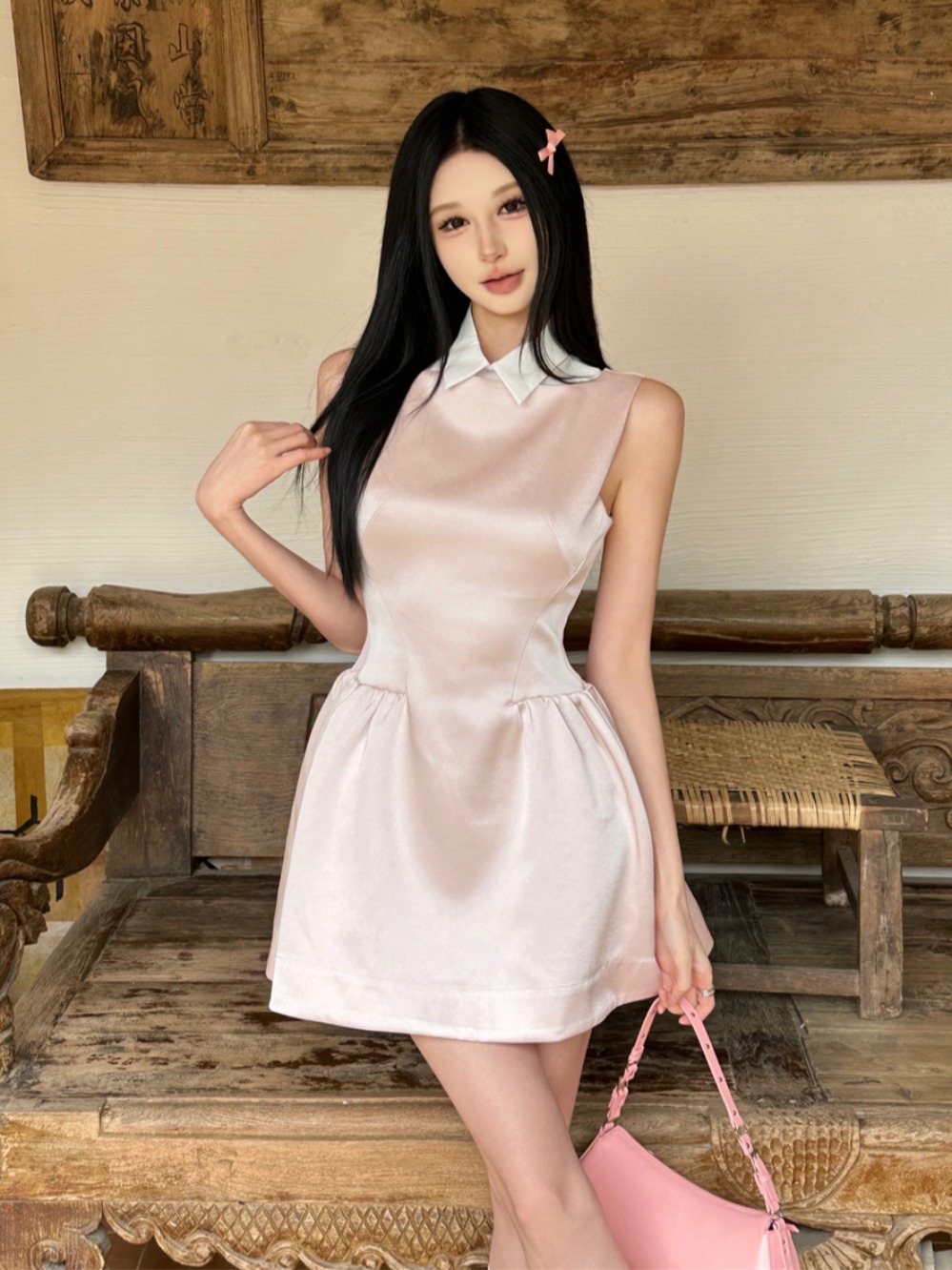 Light Pink Glossy Satin Sleeveless Shirt Dress for Women, Summer Waist-Cinching Faux Two-Piece A-Line Style, 90s Inspired