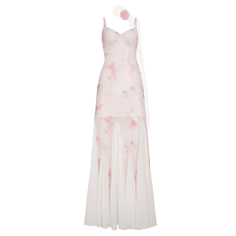 Light Pink Sheer Dress with Tulle Splicing, Mermaid Slip Straps, and Cherry Blossom Design â€“ Spring Fashion Essential