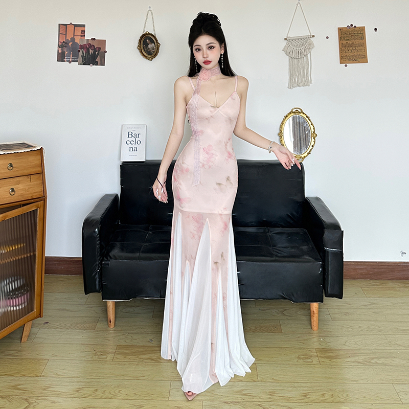 Light Pink Sheer Dress with Tulle Splicing, Mermaid Slip Straps, and Cherry Blossom Design – Spring Fashion Essential Light Pink Sheer Dress with Tulle Splicing, Mermaid Slip Straps, and Cherry Blossom Design – Spring Fashion Essential