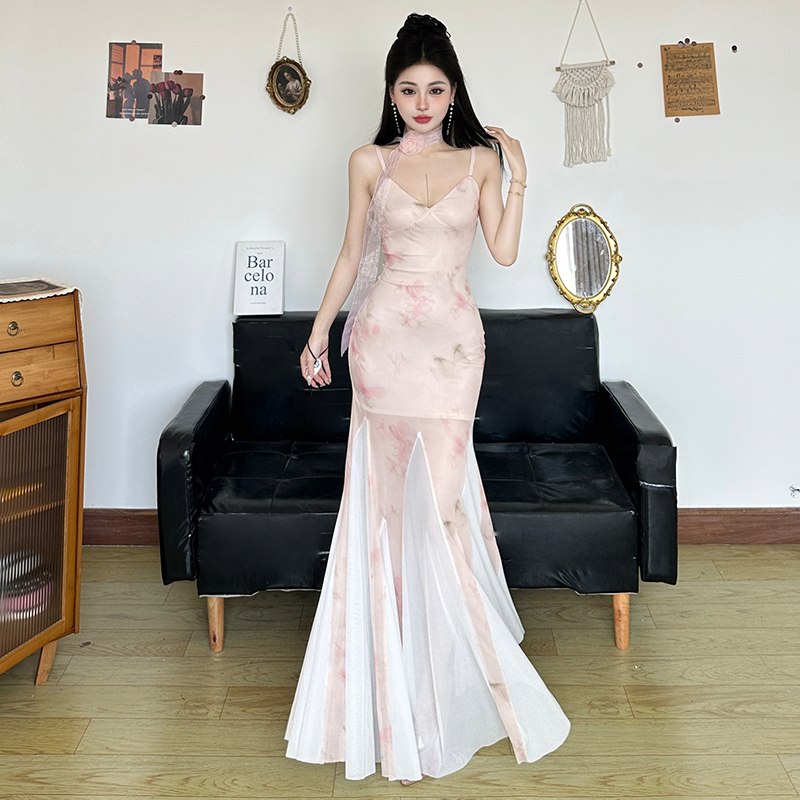 Light Pink Sheer Dress with Tulle Splicing, Mermaid Slip Straps, and Cherry Blossom Design – Spring Fashion Essential Light Pink Sheer Dress with Tulle Splicing, Mermaid Slip Straps, and Cherry Blossom Design – Spring Fashion Essential