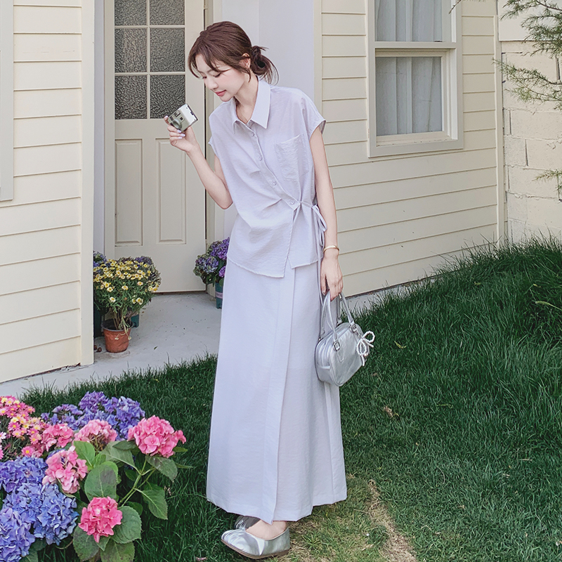 Light Purple Short Sleeve Two-Piece Set for Women, Trendy Summer Outfit, Chic Commuting Shirt and Skirt Ensemble