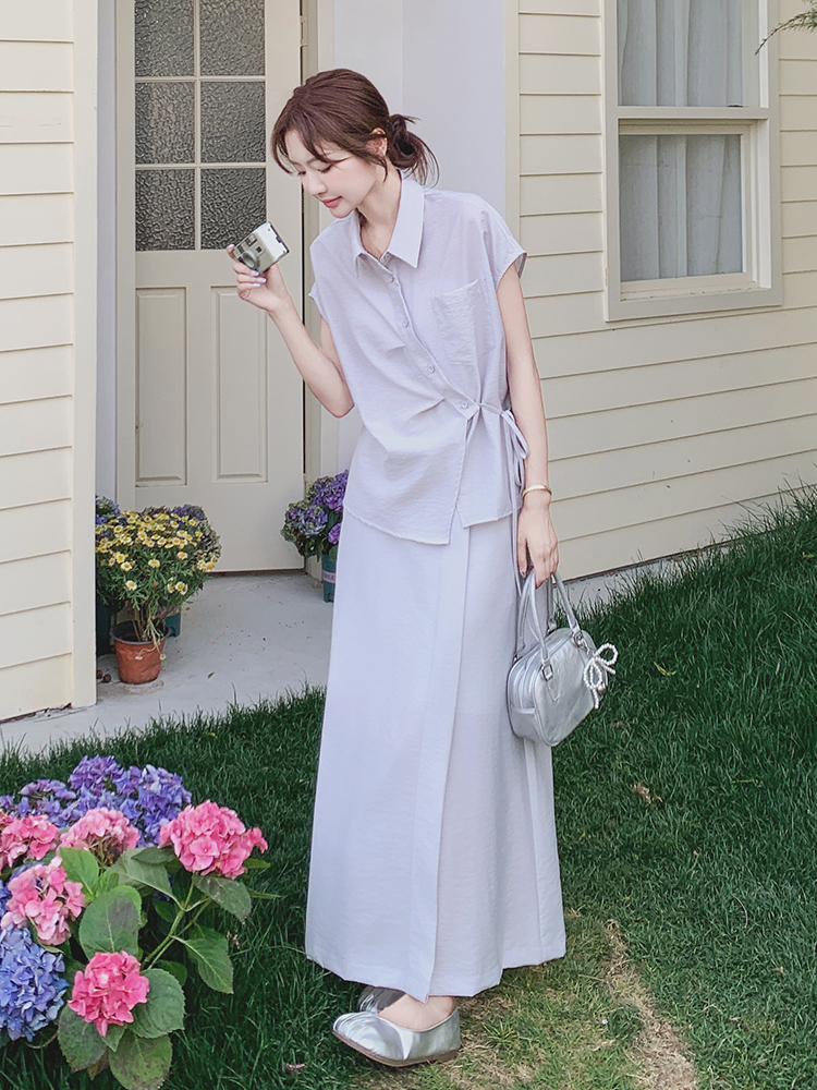 Light Purple Short Sleeve Two-Piece Set for Women, Trendy Summer Outfit, Chic Commuting Shirt and Skirt Ensemble