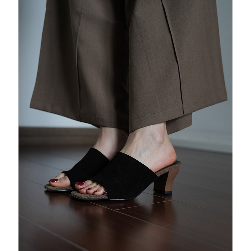 Light Retro Cowhide Open-Toe Slide Sandals for Women - Summer Casual Chunky Heeled High Heel Vacation Slides