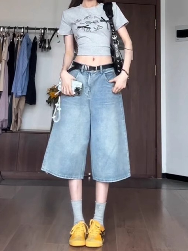 Light Washed High Street Denim Shorts for Women - Loose Wide-Leg Seven-Point Cut, Summer Fashion Essential