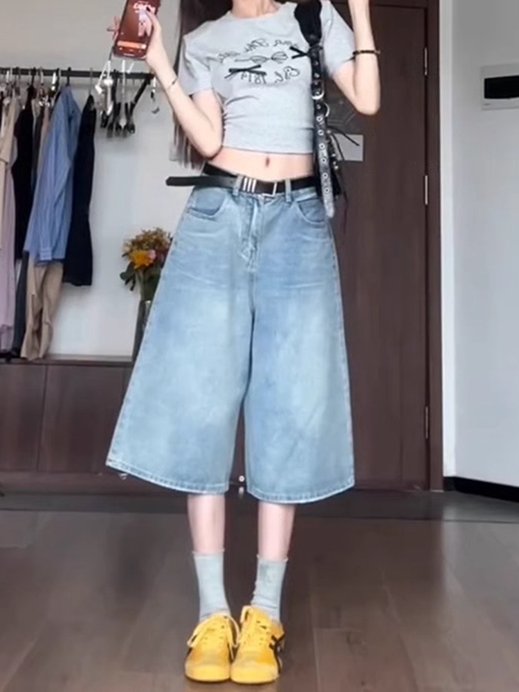 Light Washed High Street Denim Shorts for Women - Loose Wide-Leg Seven-Point Cut, Summer Fashion Essential