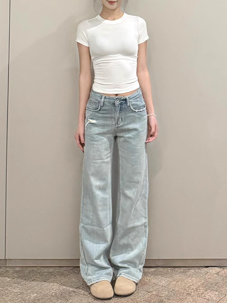 Light-Washed Ripped Straight-Leg Jeans for Women - Vintage Loose Slim Wide-Leg Summer Pants