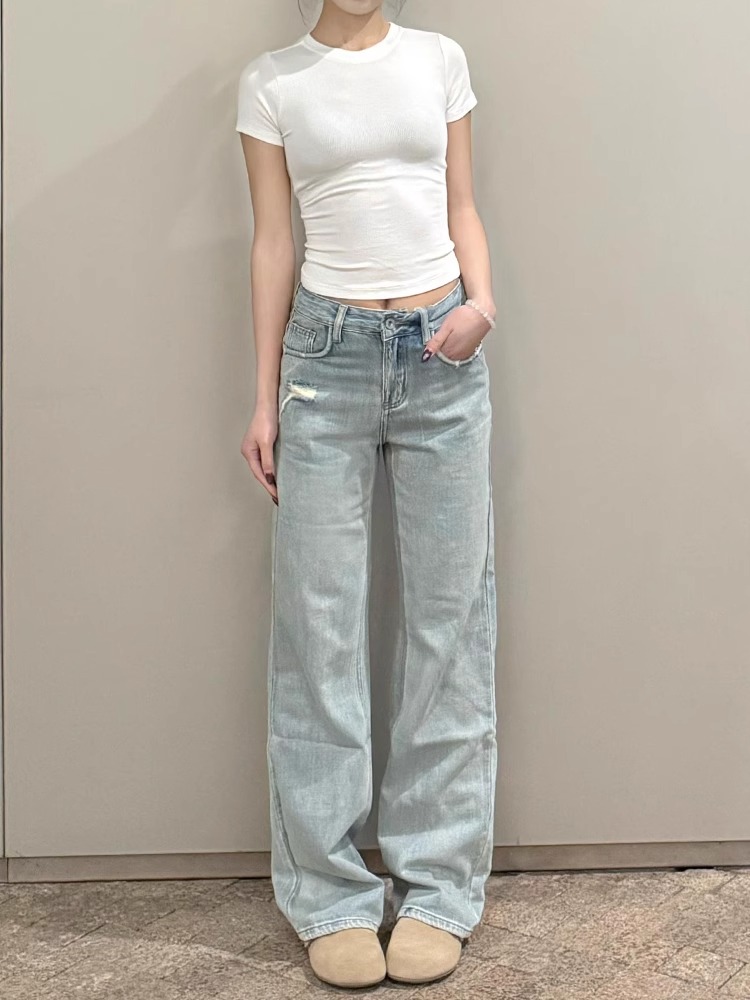 Light-Washed Ripped Straight-Leg Jeans for Women - Vintage Loose Slim Wide-Leg Summer Pants Light-Washed Ripped Straight-Leg Jeans for Women - Vintage Loose Slim Wide-Leg Summer Pants