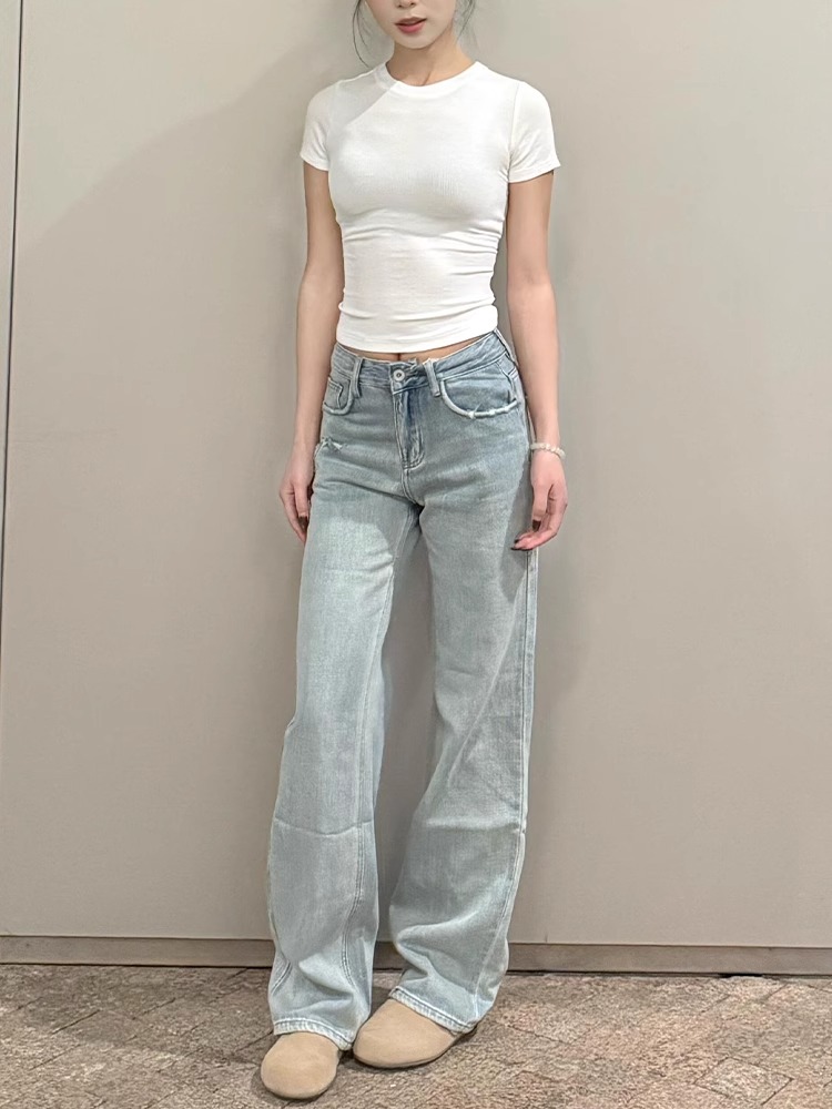 Light-Washed Ripped Straight-Leg Jeans for Women - Vintage Loose Slim Wide-Leg Summer Pants Light-Washed Ripped Straight-Leg Jeans for Women - Vintage Loose Slim Wide-Leg Summer Pants