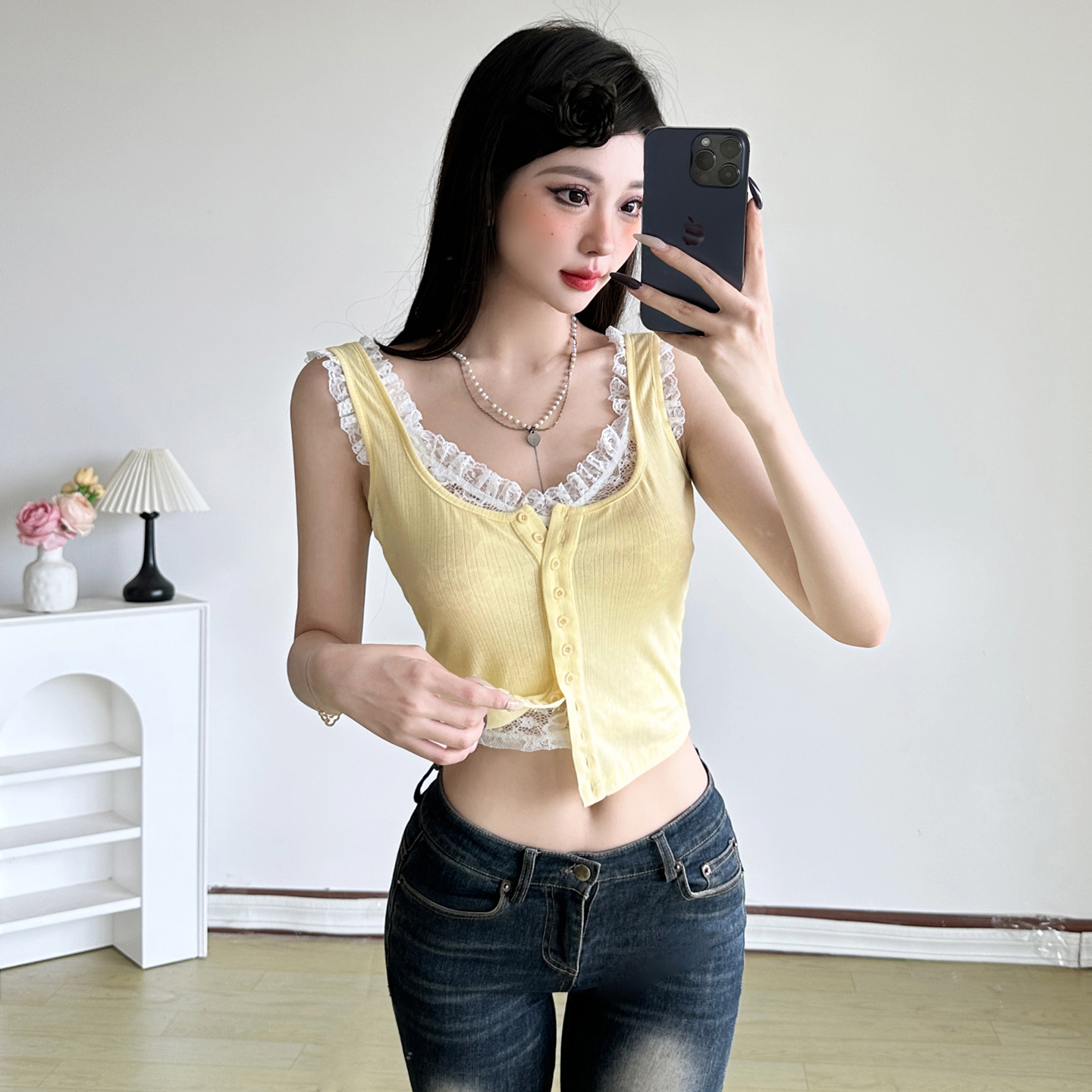 Light Yellow Lace Splicing Fake Two-Piece Vest - Ribbed Knitted Top for Girls, Stylish Y2K Fashion, Trendy Summer Wear Light Yellow Lace Splicing Fake Two-Piece Vest - Ribbed Knitted Top for Girls, Stylish Y2K Fashion, Trendy Summer Wear