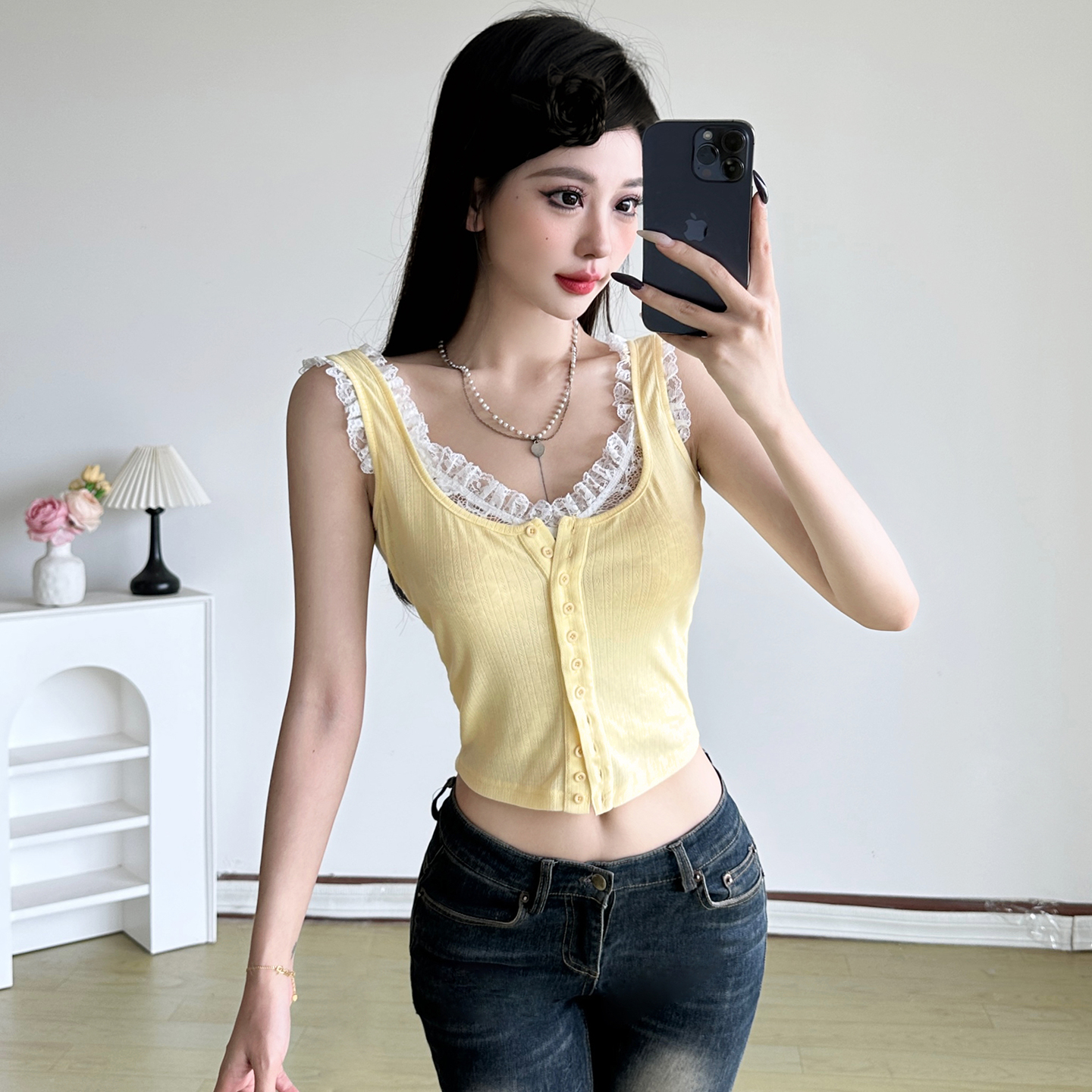 Light Yellow Lace Splicing Fake Two-Piece Vest - Ribbed Knitted Top for Girls, Stylish Y2K Fashion, Trendy Summer Wear Light Yellow Lace Splicing Fake Two-Piece Vest - Ribbed Knitted Top for Girls, Stylish Y2K Fashion, Trendy Summer Wear