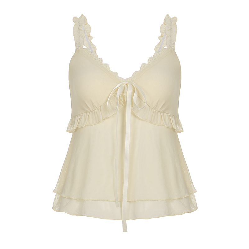 Light Yellow Lace Trim Knitted Vest with Ruffle Straps and Double Layer Mesh - French Style Cute Top for Summer Fashion
