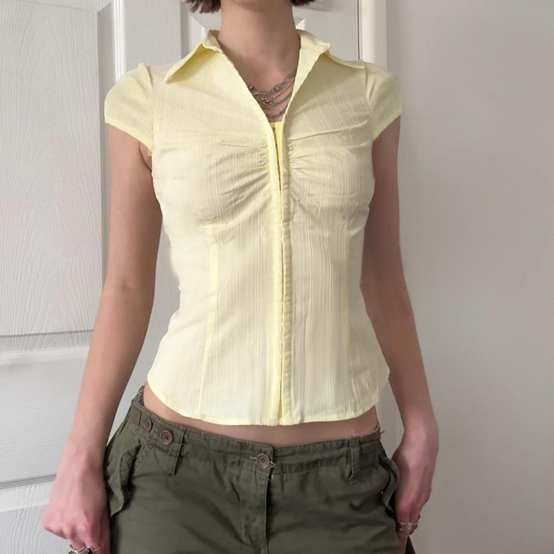 Light Yellow Lapel Short Sleeve Shirt - American Retro Spicy Girl Style, Versatile Slim Fit, Butterfly Buckle, Casual Summer Top