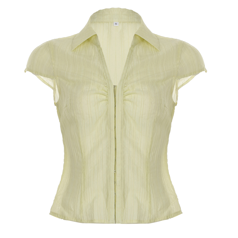Light Yellow Lapel Short Sleeve Shirt - American Retro Spicy Girl Style, Versatile Slim Fit, Butterfly Buckle, Casual Summer Top