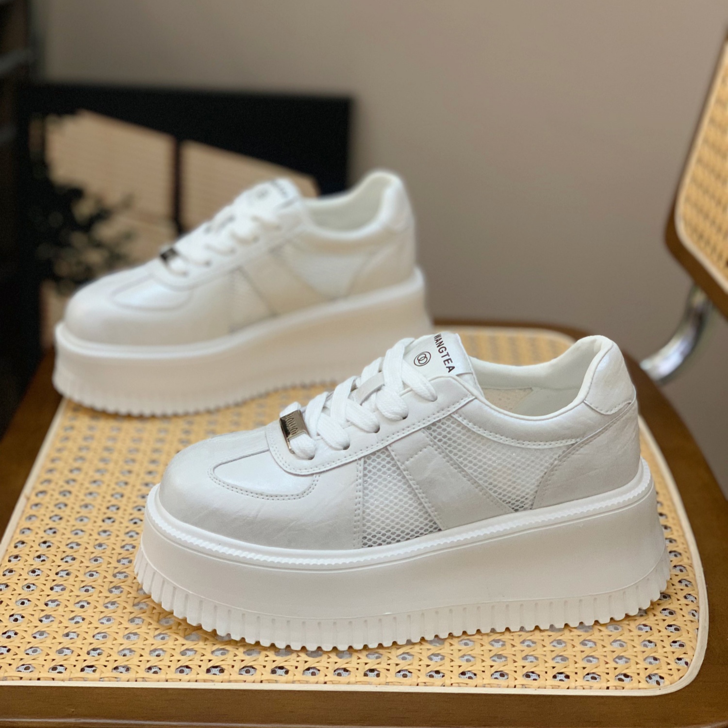 Lightweight Breathable White Platform Shoes for Women - Summer 2025 Hollow Mesh Style for Height and Leg Elongation