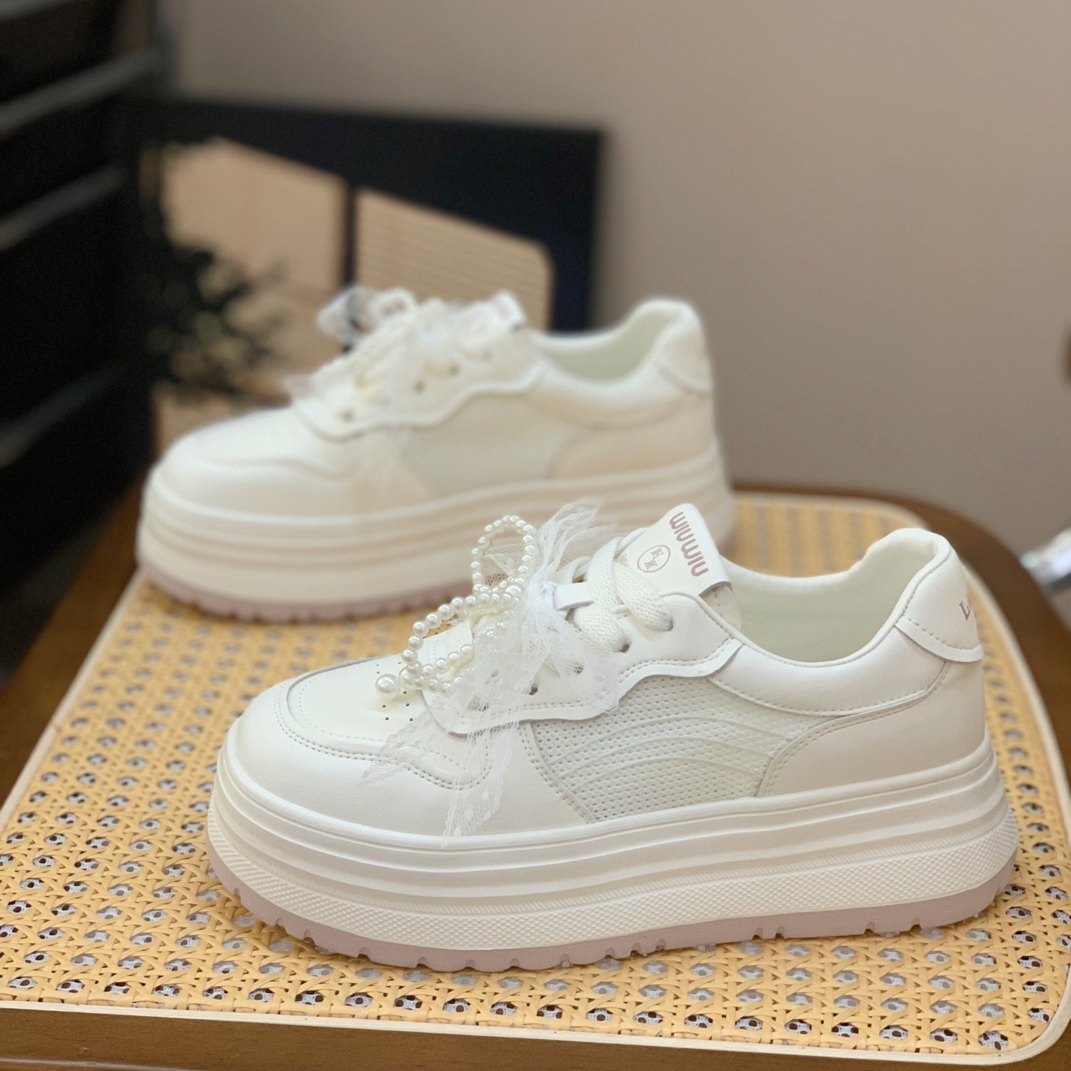 Lightweight Genuine Leather Height-Increasing Thick-Soled White Casual Sneakers for Women - 2025 Summer Versatile Mesh Hollow Design