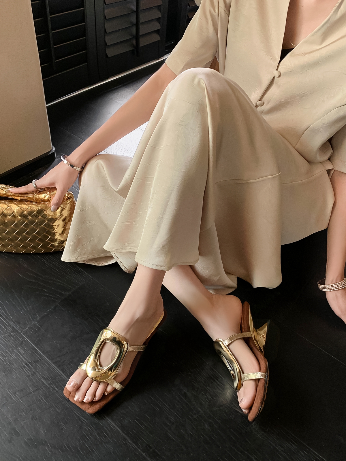 Lightweight Metallic Square Buckle Wedge Sandals for Women - Irregular Design, Vacation Style, Summer Outdoor Footwear