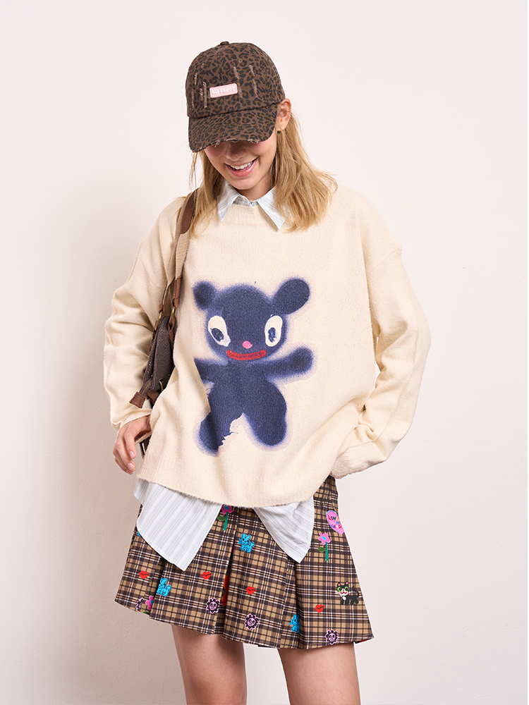 Little Black Bear Printed Knitted Sweater - Beige Loose Fit, Cozy Artist Design, Y2K Style Fashion Top Little Black Bear Printed Knitted Sweater - Beige Loose Fit, Cozy Artist Design, Y2K Style Fashion Top