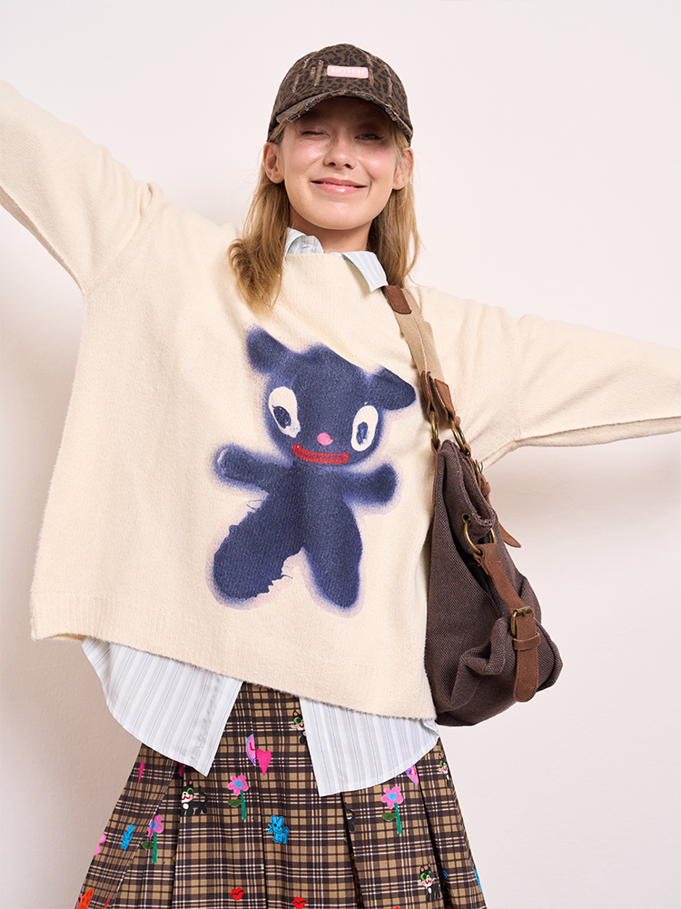 Little Black Bear Printed Knitted Sweater - Beige Loose Fit, Cozy Artist Design, Y2K Style Fashion Top Little Black Bear Printed Knitted Sweater - Beige Loose Fit, Cozy Artist Design, Y2K Style Fashion Top