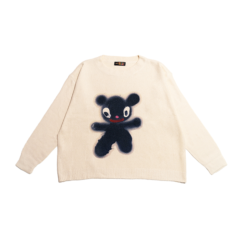 Little Black Bear Printed Knitted Sweater - Beige Loose Fit, Cozy Artist Design, Y2K Style Fashion Top