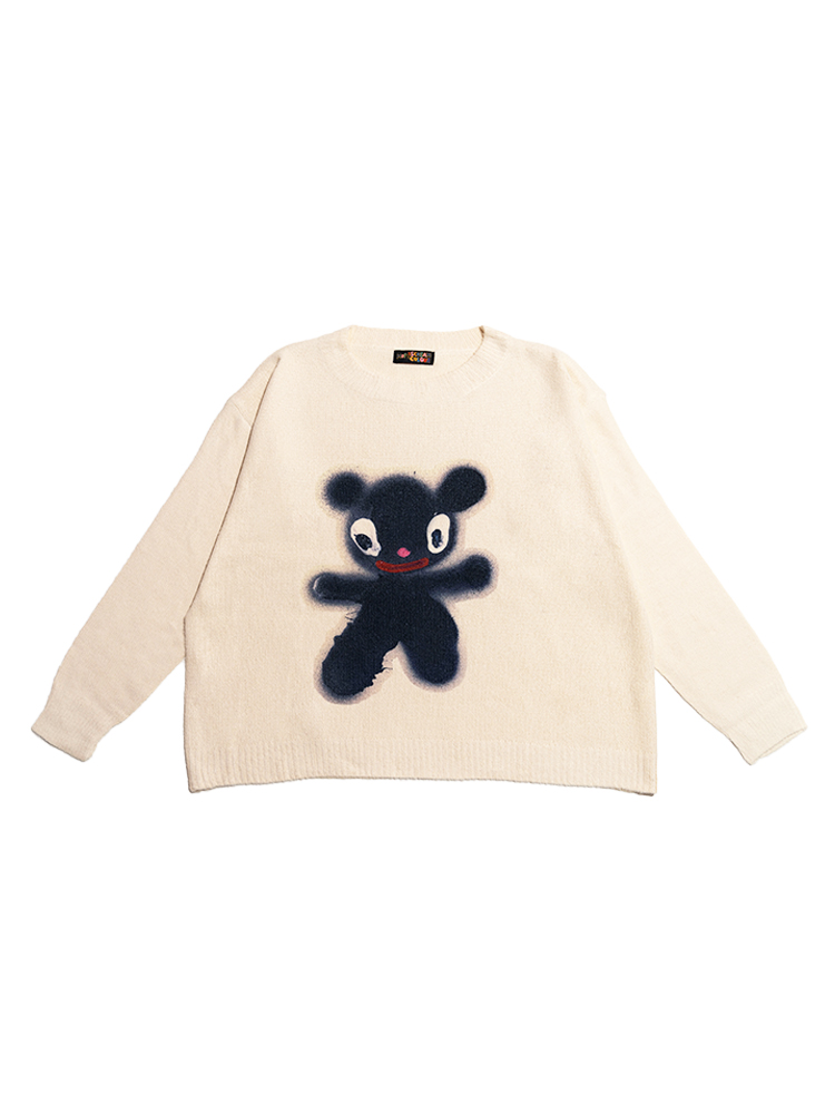 Little Black Bear Printed Knitted Sweater - Beige Loose Fit, Cozy Artist Design, Y2K Style Fashion Top Little Black Bear Printed Knitted Sweater - Beige Loose Fit, Cozy Artist Design, Y2K Style Fashion Top