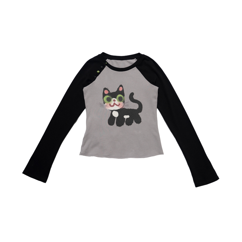 Little Black Cat Button Raglan Long Sleeve T-Shirt - Slim Fit Base Layer for Casual Style, Perfect for 90s & Y2K Fashion