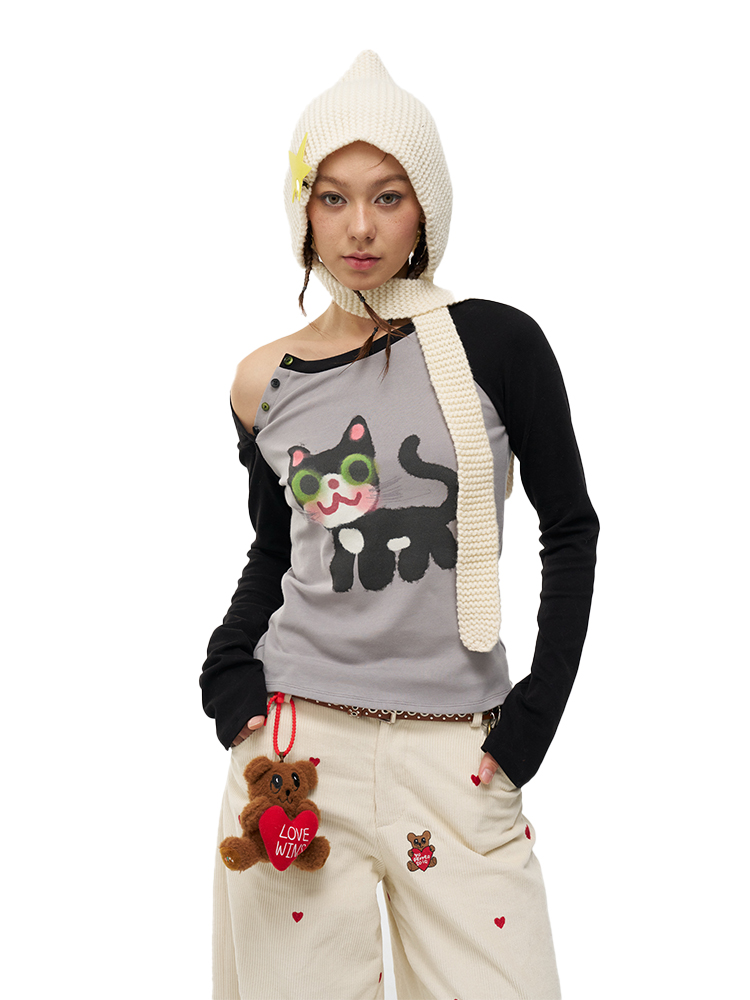 Little Black Cat Button Raglan Long Sleeve T-Shirt - Slim Fit Base Layer for Casual Style, Perfect for 90s & Y2K Fashion Little Black Cat Button Raglan Long Sleeve T-Shirt - Slim Fit Base Layer for Casual Style, Perfect for 90s & Y2K Fashion