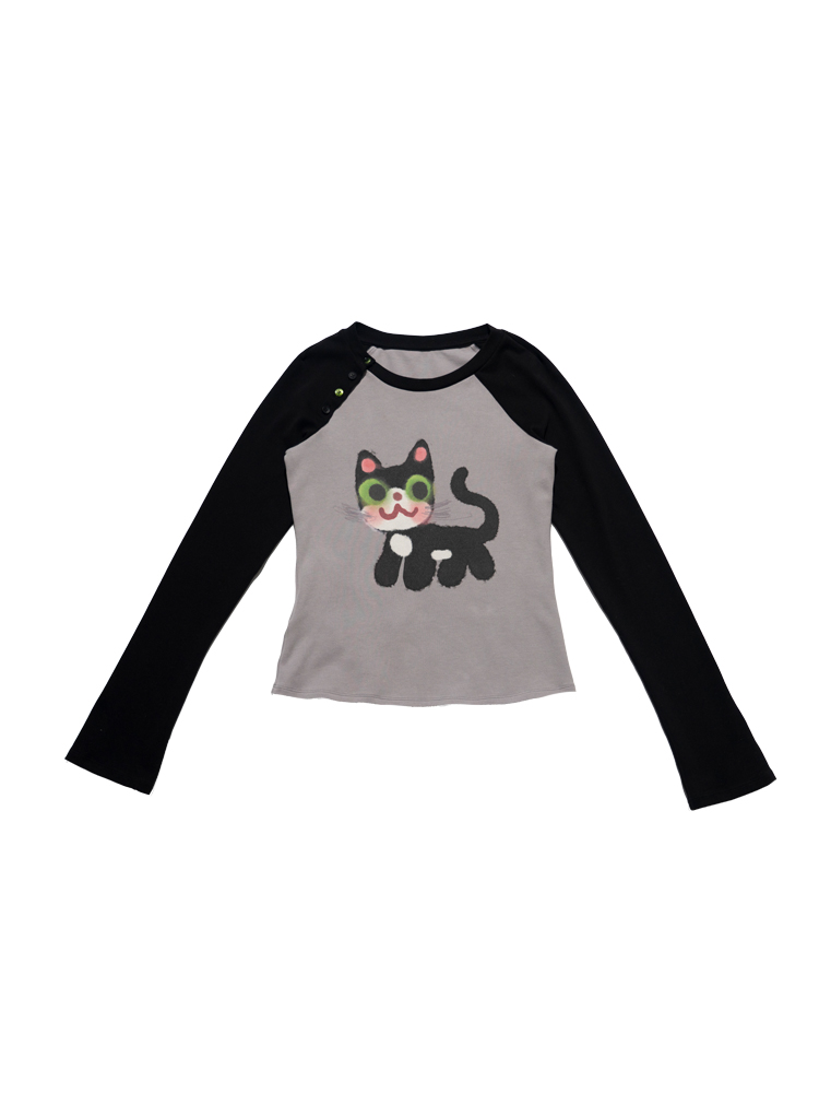 Little Black Cat Button Raglan Long Sleeve T-Shirt - Slim Fit Base Layer for Casual Style, Perfect for 90s & Y2K Fashion Little Black Cat Button Raglan Long Sleeve T-Shirt - Slim Fit Base Layer for Casual Style, Perfect for 90s & Y2K Fashion