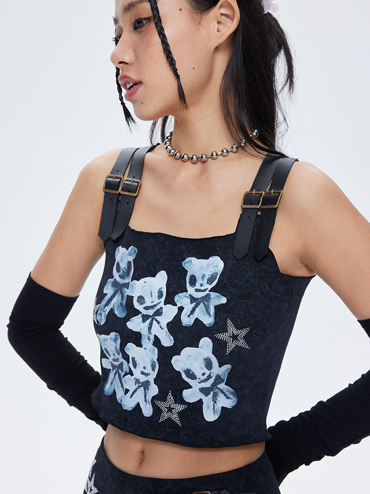 Little White Bear Printed Leather Shoulder Strap Knitted Vest Top and Skirt Set - Y2K Aesthetic, Cute Casual Outfit