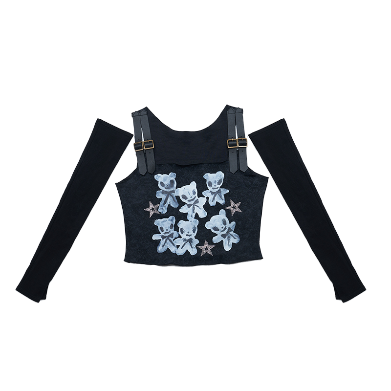 Little White Bear Printed Leather Shoulder Strap Knitted Vest Top and Skirt Set - Y2K Aesthetic, Cute Casual Outfit