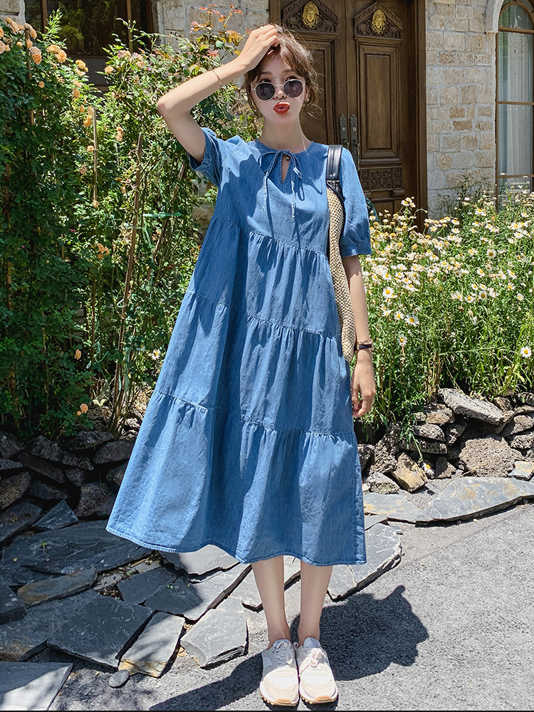 Loose Casual Tencel Denim Dress for Women - Summer 2025 Japanese Doll Style Long Cake Dress