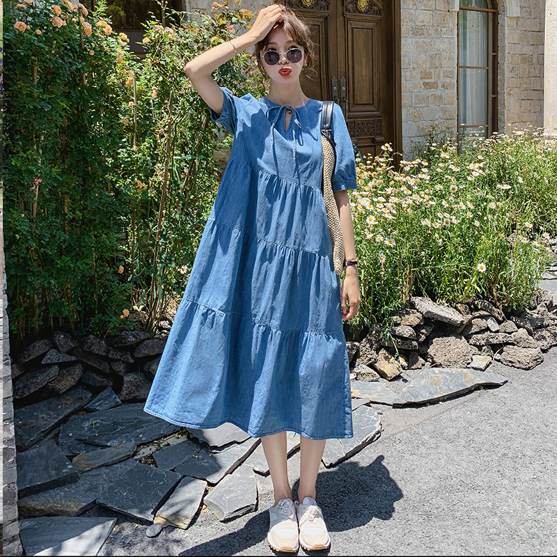 Loose Casual Tencel Denim Dress for Women - Summer 2025 Japanese Doll Style Long Cake Dress