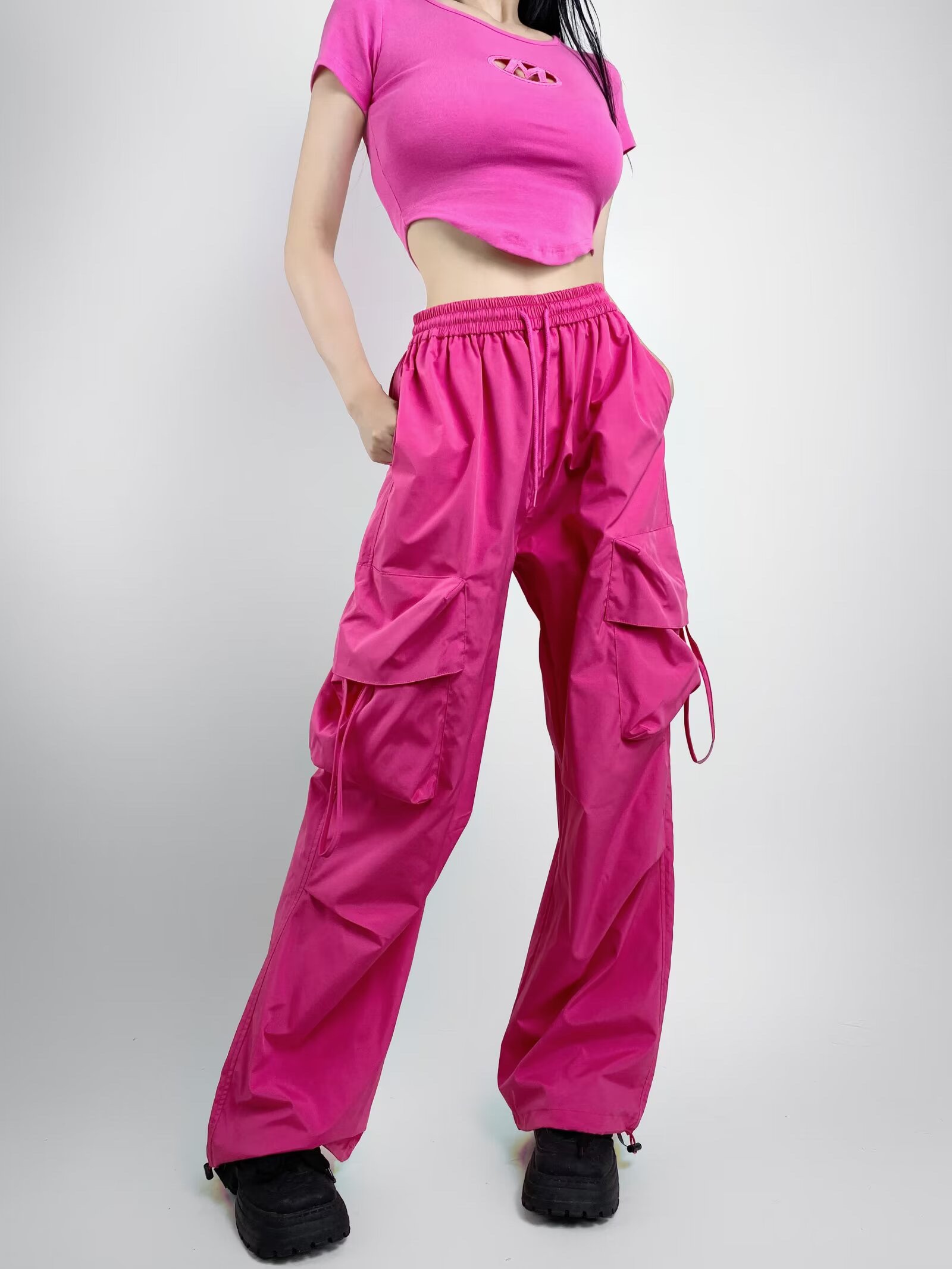 Loose Fit Jazz-Style American Street Drawstring Cargo Pants for Women - Casual Draped Straight-Leg Wide-Leg Dance Trousers Loose Fit Jazz-Style American Street Drawstring Cargo Pants for Women - Casual Draped Straight-Leg Wide-Leg Dance Trousers